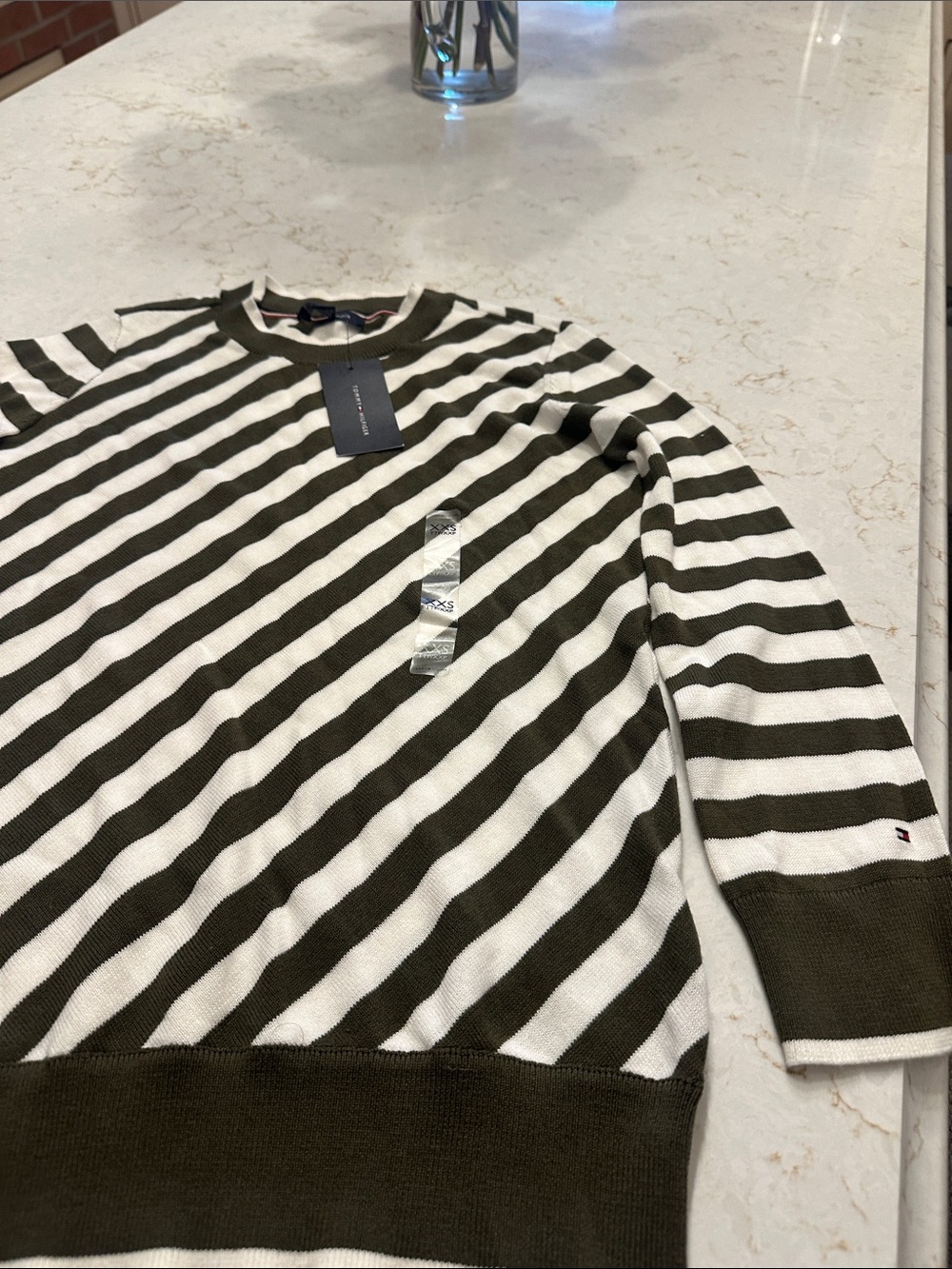 Tommy Hilfiger Olive Green and White Striped Crewneck Sweater